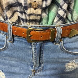 Vintage Leather Belt Full Grain Cowhide Cognac  Womens 34 Brass Buckle Textured